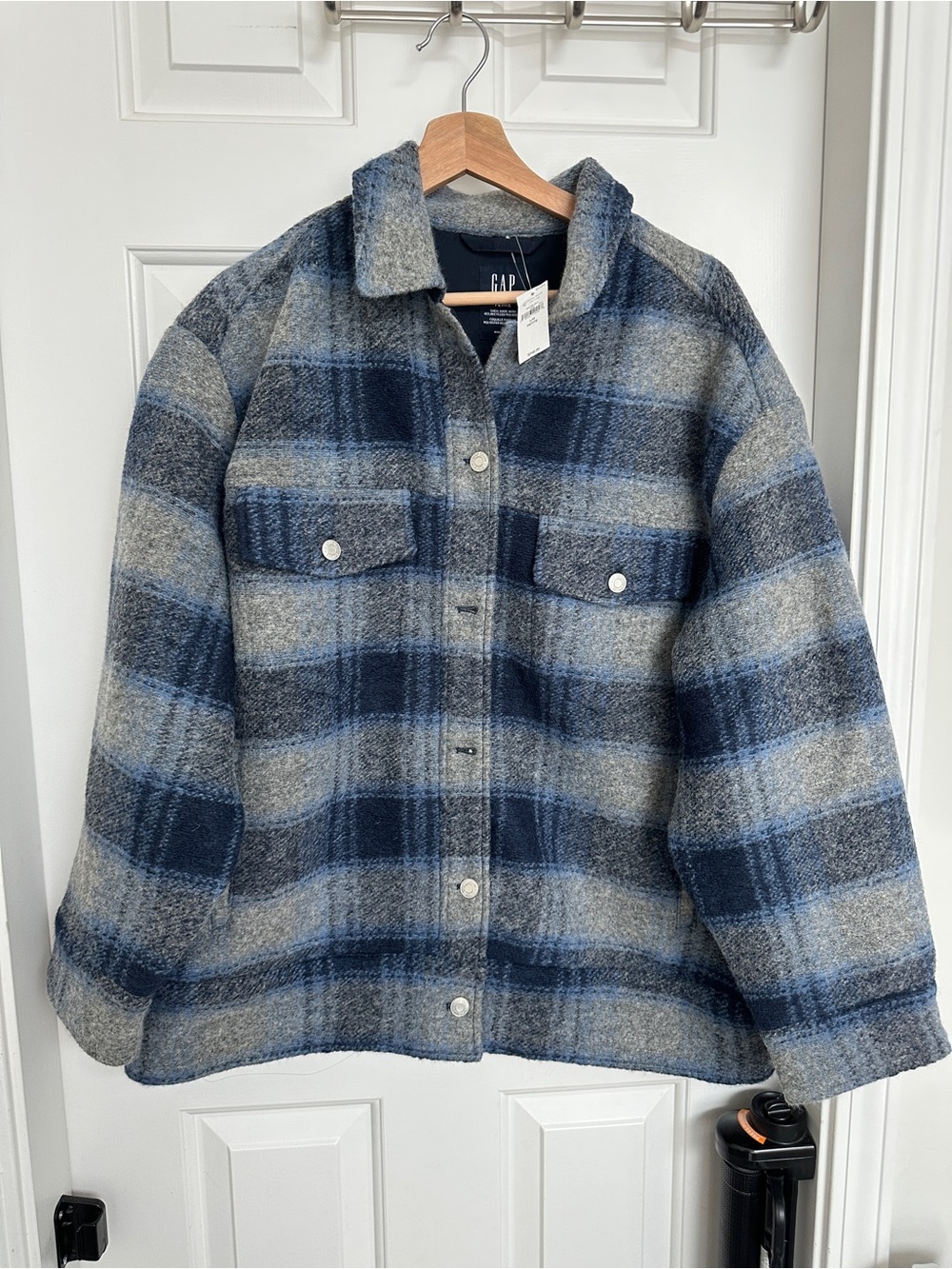 GAP Blue and Gray Plaid Pea Coat - Women's L Petite NWT